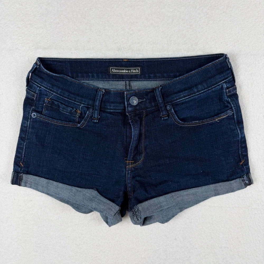 Abercrombie & Fitch Dark Wash Cuffed Denim Shorts Womens 26 2 Low Rise Indigo